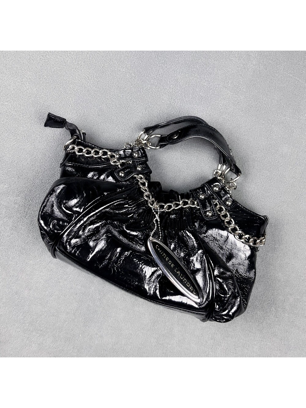 Y2K Chinese Laundry Black Vegan Leather Purse with Silver Chunky Chains